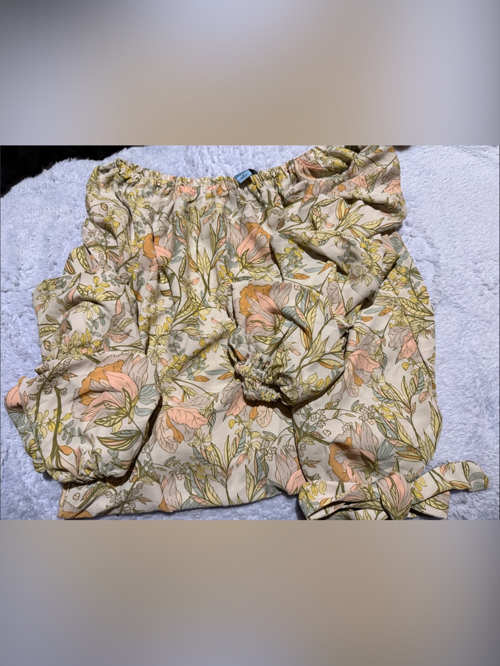 Floral Ruffle Off-Shoulder Blouse in Soft Peach and Sage